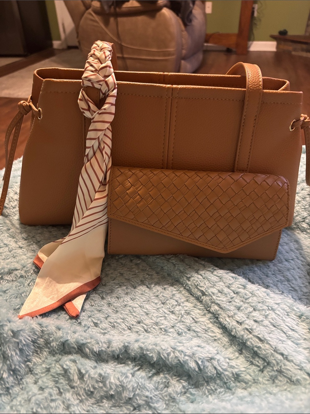 Classic Tan Shoulder Tote Bag with Scarf Accent and matching wallet